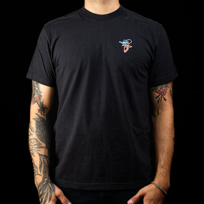 SWAG Casino Cowboy T-Shirt in black with neon cowboy back graphic and small chest detail.