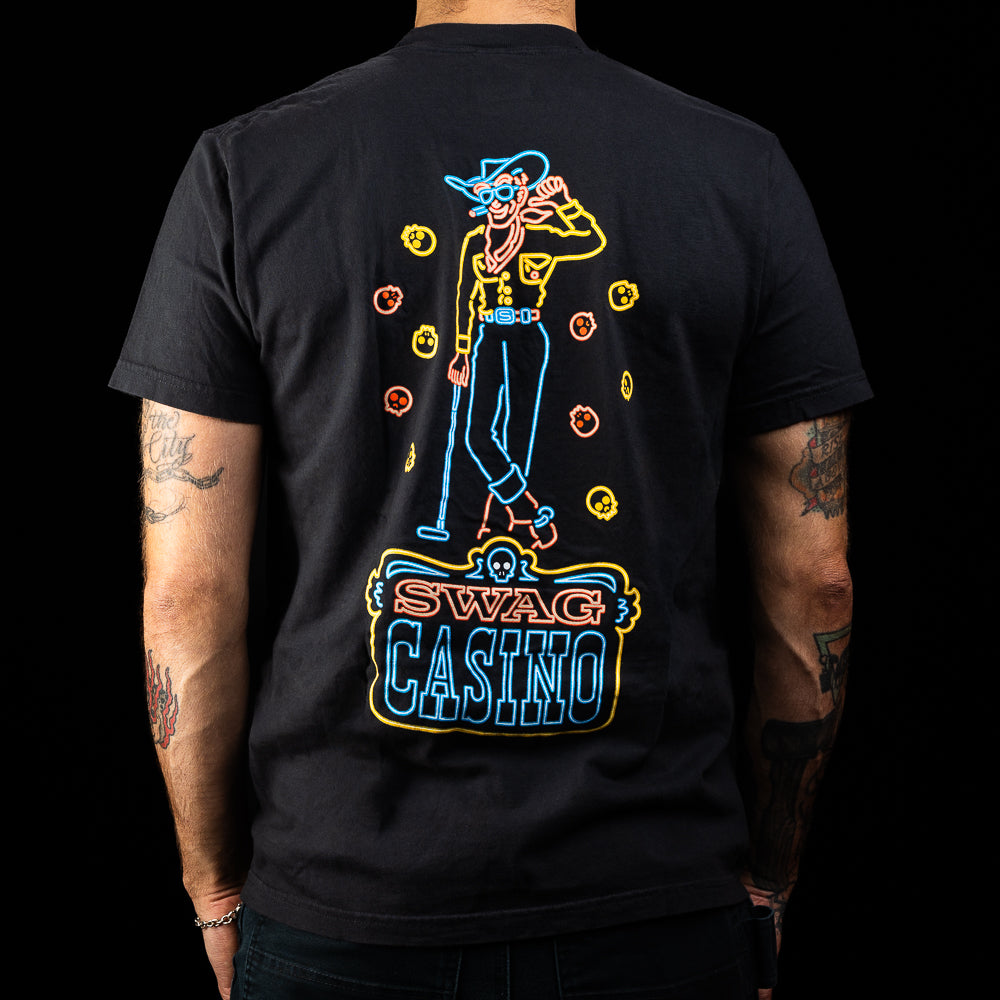 SWAG Casino Cowboy T-Shirt in black with neon cowboy back graphic.