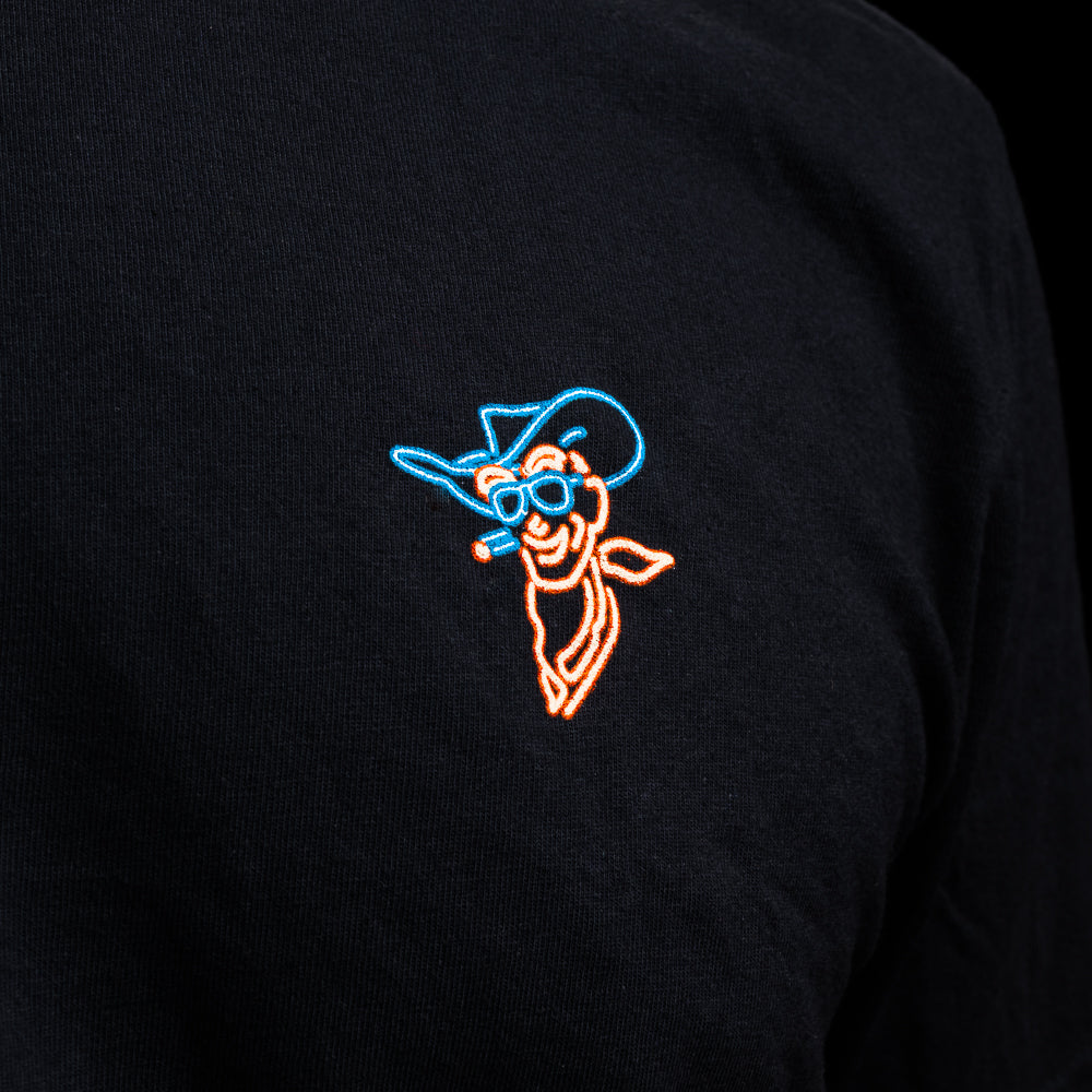 SWAG Casino Cowboy T-Shirt in black with neon cowboy small chest detail.