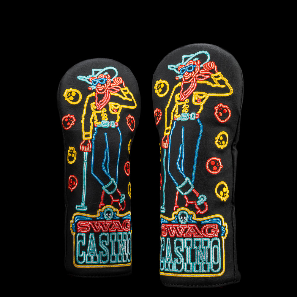 SWAG Casino Fairway wood golf headcover with neon cowboy, skull accents, and bold casino sign design.