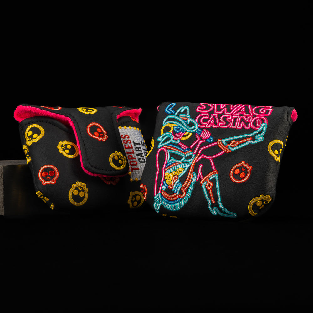 SWAG Casino Mallet Putter golf headcover with neon casino design, cowboy figure, and bold SWAG vintage Vegas style.