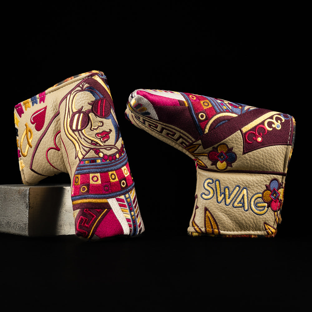 Vibin’ Vegas Queen Blade Putter golf headcover with a heart queen design, bold colors, and SWAG styling.