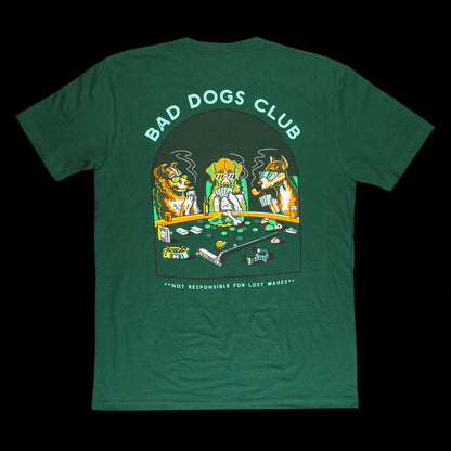 Scene of Bad Dogs Club in sunglasses playing poker and smoking in green, yellow and brown. 