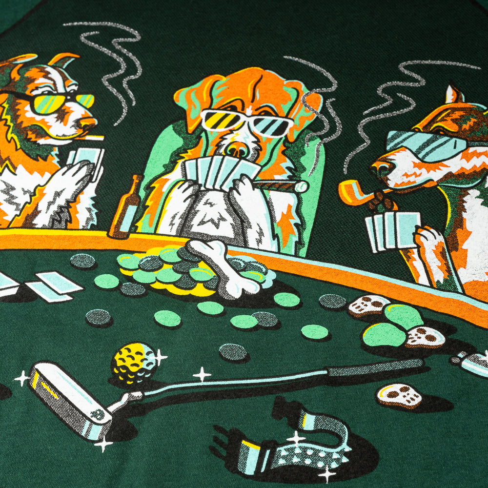 Scene of Bad Dogs Club in sunglasses playing poker and smoking in green, yellow and brown. 