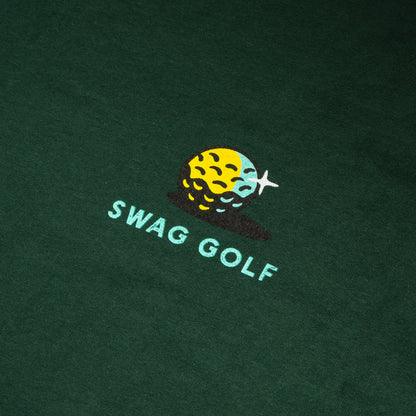 Green Bad Dog Club green t-shirt with yellow golf ball and teal SWAG golf. 