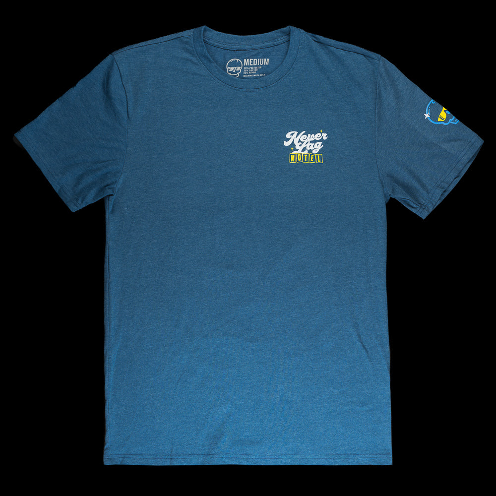 Blue Never Lag Motel T-Shirt with yellow.