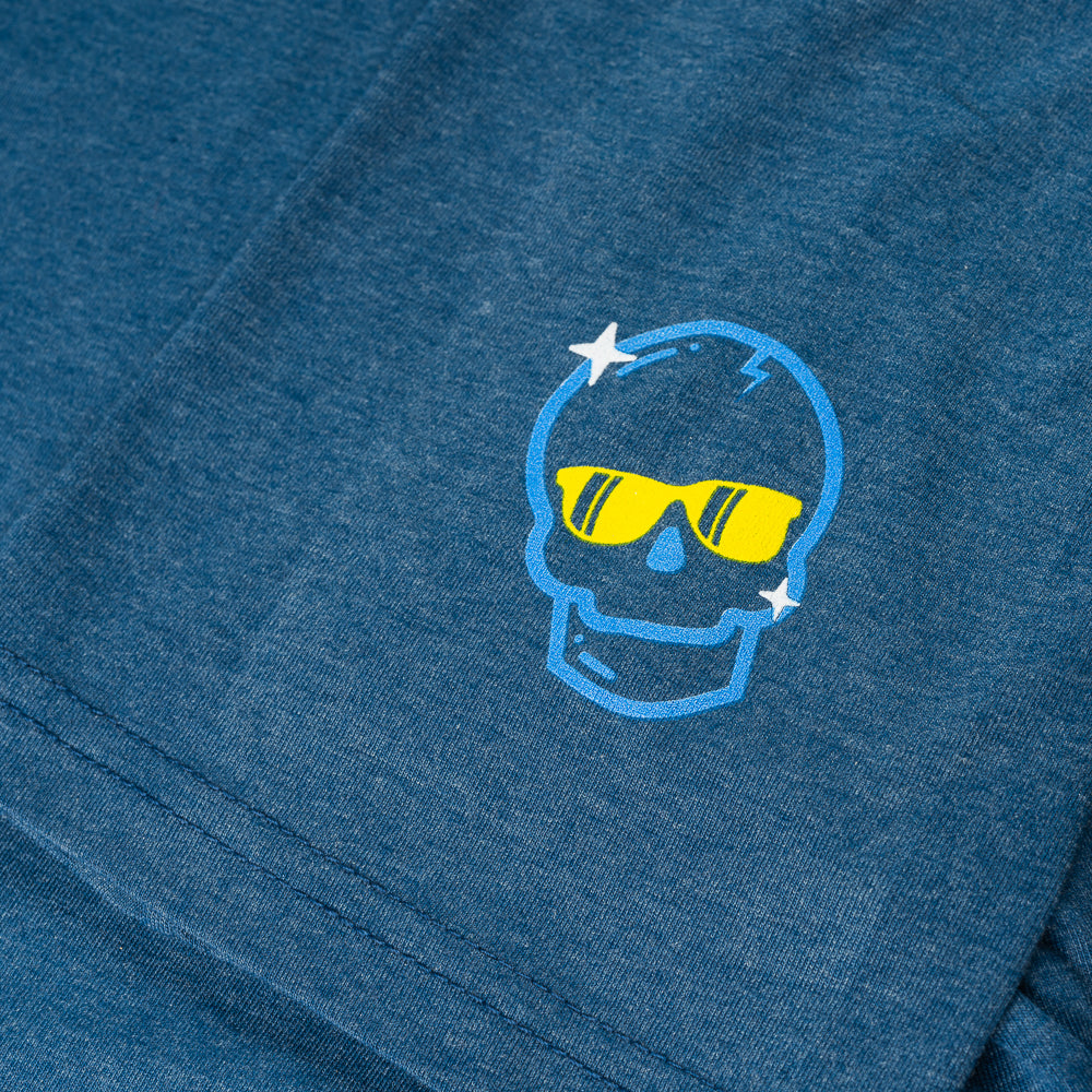 Blue Skull with yellow sunglasses.