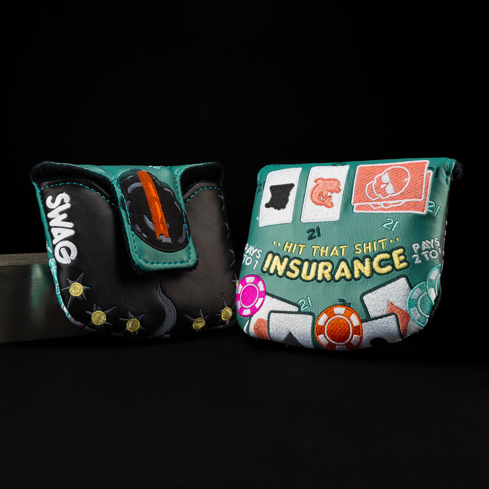 Blackjack mallet golf club headcover scene of a poker table, cards and chips in green, red, gold, pink and black. 