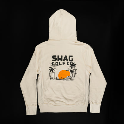 Swag Golf Co cream colored long sleeve cotton hoodie with a vintage Hawaiian graphic print.