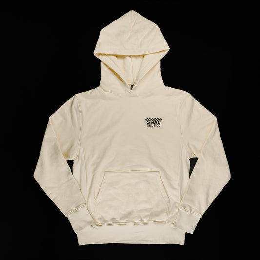 Swag Golf Co cream colored long sleeve cotton hoodie with a vintage Hawaiian graphic print.