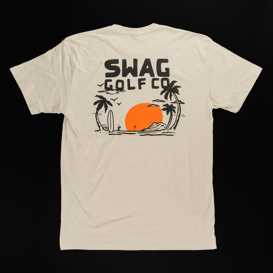 Swag cream colored vintage sunset graphic print men's short sleeve golf t-shirt.