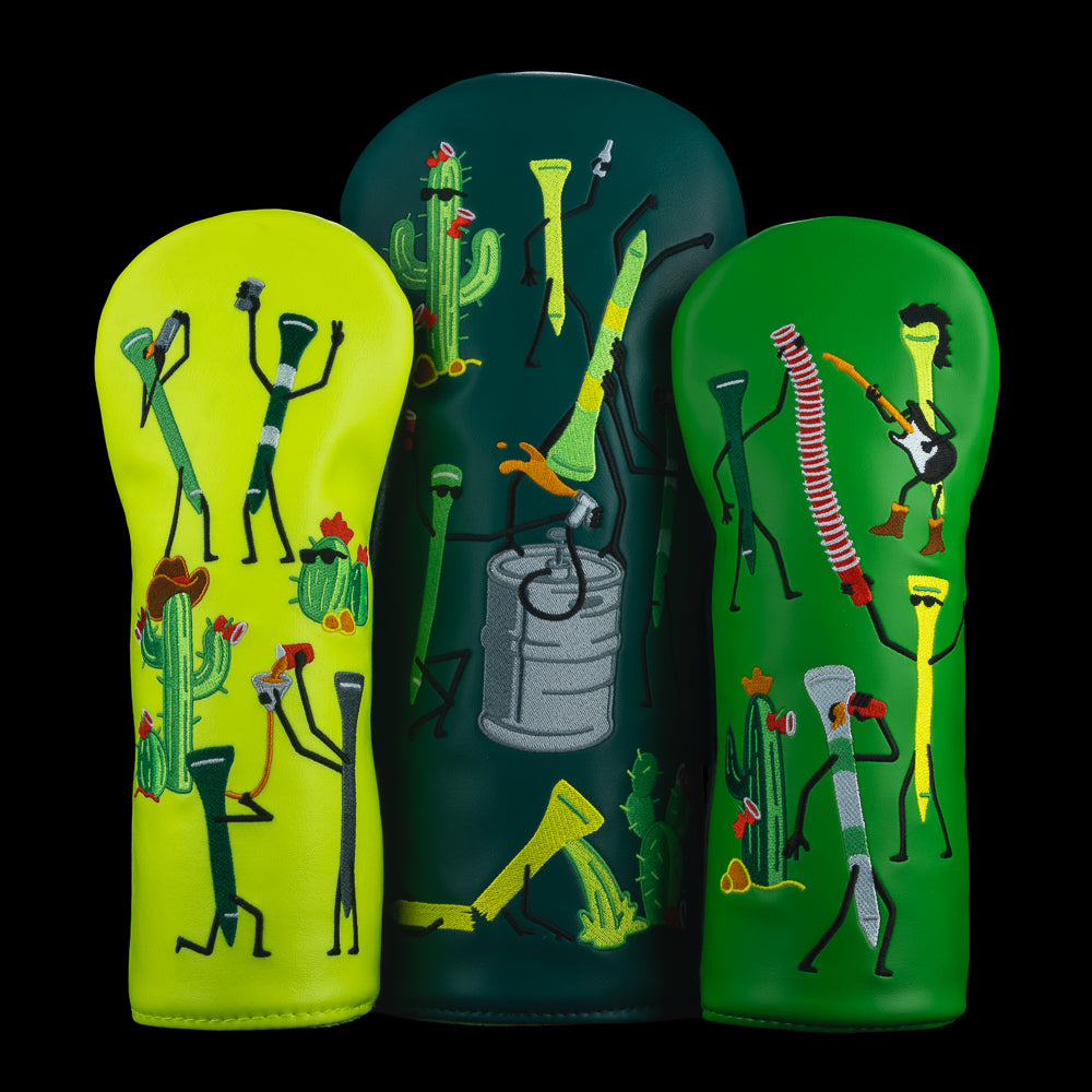 SWAG Golf desert tee party golf wood cover set of driver, fairway, and fairway in green and yellow color palette with embroidered golf tees in a party scene.