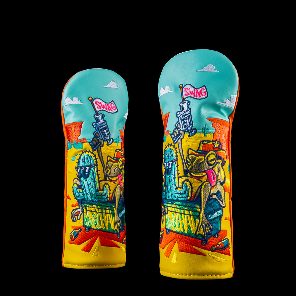 SWAG Golf Dumpster Toad fairway headcover featuring a cartoon toad riding in a dumpster with bold desert artwork