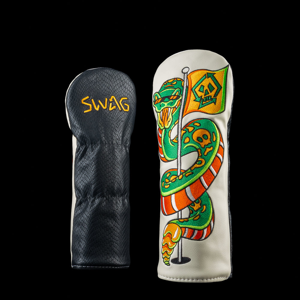 SWAG Golf Pin Rattler fairway headcover featuring a rattlesnake wrapped around a golf pin with bold graphic detail