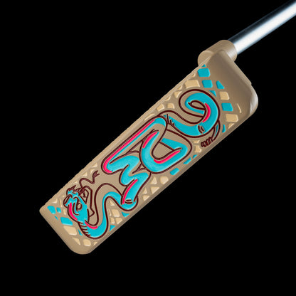 SWAG Golf Handsome One limited edition beige cerakote finish golf putter with a teal snake design and matching headcover.