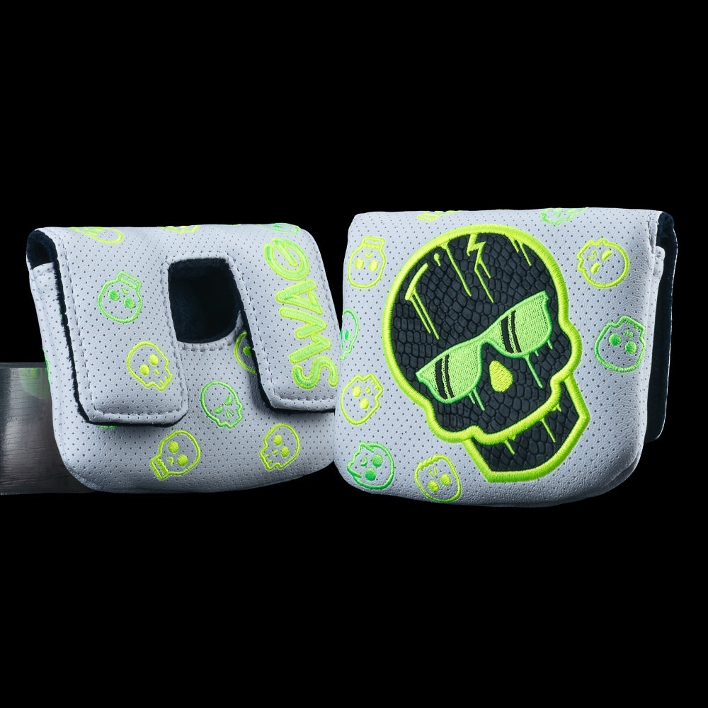 SWAG Golf WM Dripping Skull 2.0 center shaft mallet cover featuring neon green dripping skull graphic, scattered skulls, and SWAG branding. 
