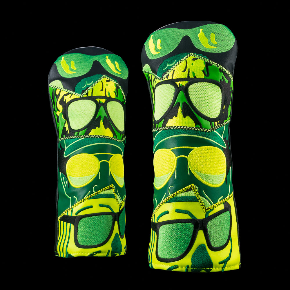 SWAG Golf WM Peeper driver headcover featuring layered neon green character eyes with sunglasses in a patchwork design.