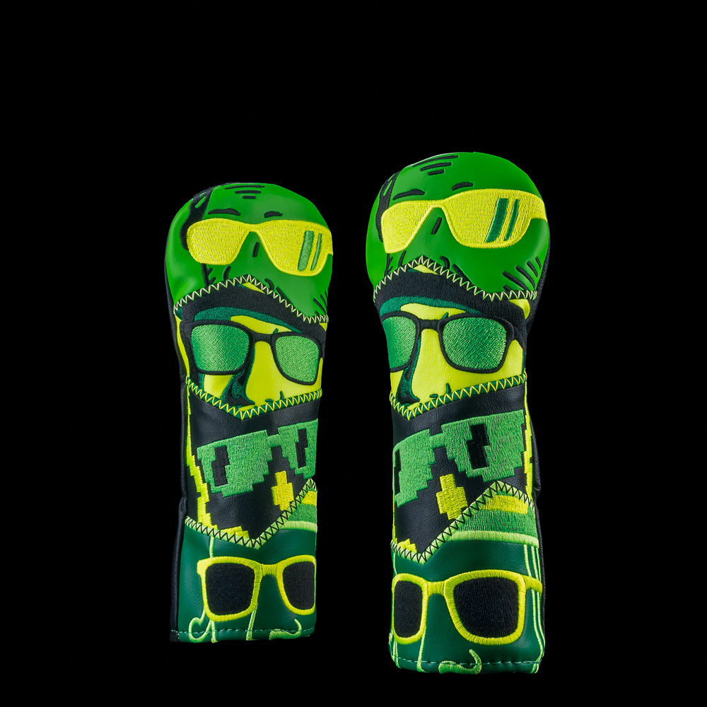 SWAG Golf WM Peeper hybrid headcover featuring layered neon green eye and sunglasses graphics in a bold patchwork design
