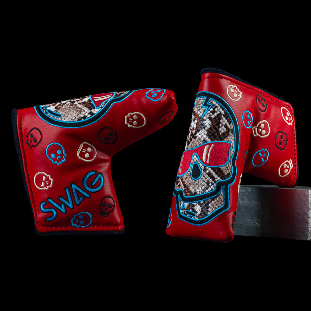 SWAG Golf Arizona Skulls Home blade cover featuring a SWAG skull graphic and scattered skulls. In a bold desert inspired color palette of blue, red, and black. 