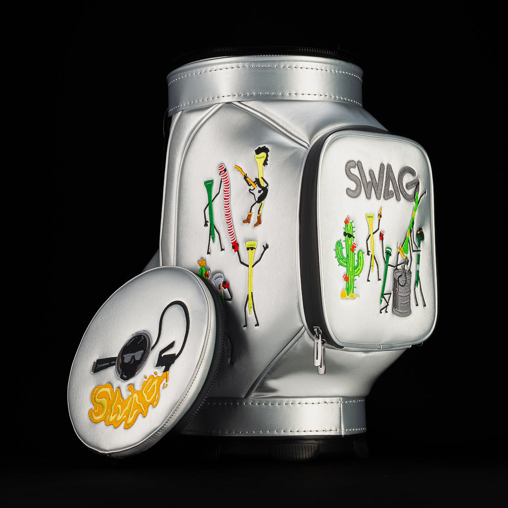 Silver SWAG Golf Desert Tee Party Den Caddy with embroidered desert characters, cactus figures, and playful golf tee illustrations on side and front pockets.