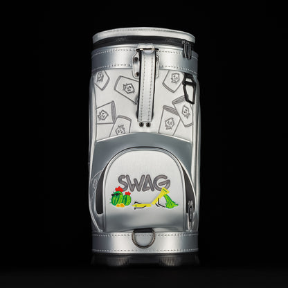 Back view of silver SWAG Golf Desert Tee Party Den Caddy featuring subtle patterned paneling, top carry handle, and rear zip pocket with embroidered SWAG logo.