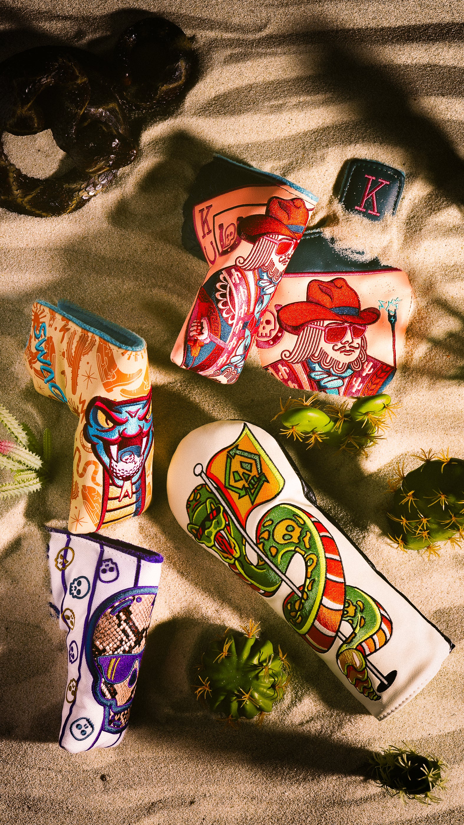 SWAG Golf Desert Collection featuring limited edition golf headcovers, accessories, and putter.