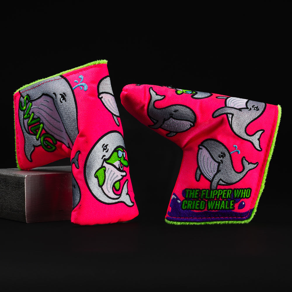Flipper whale pink and neon green blade putter golf headcover made in the USA.