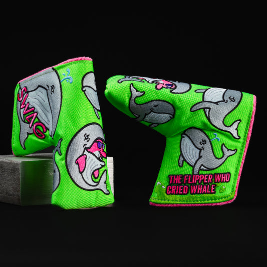 Swag flipper whale neon green and pink blade putter golf head cover made in the USA.