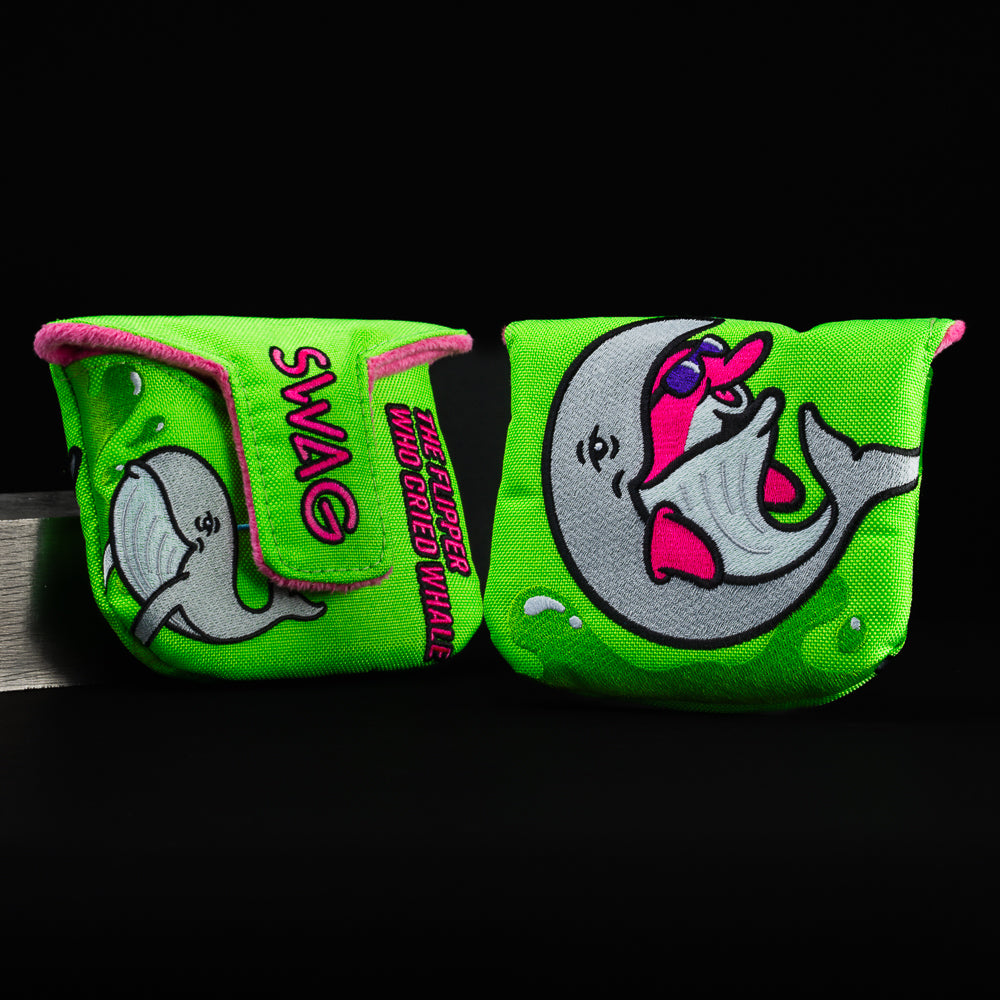Swag flipper whale neon green and pink mallet putter golf headcover made in the USA.