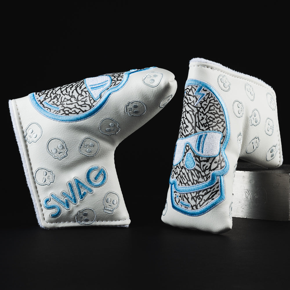 NC Skull white, blue and gray elephant print blade putter golf club head cover made in the USA.