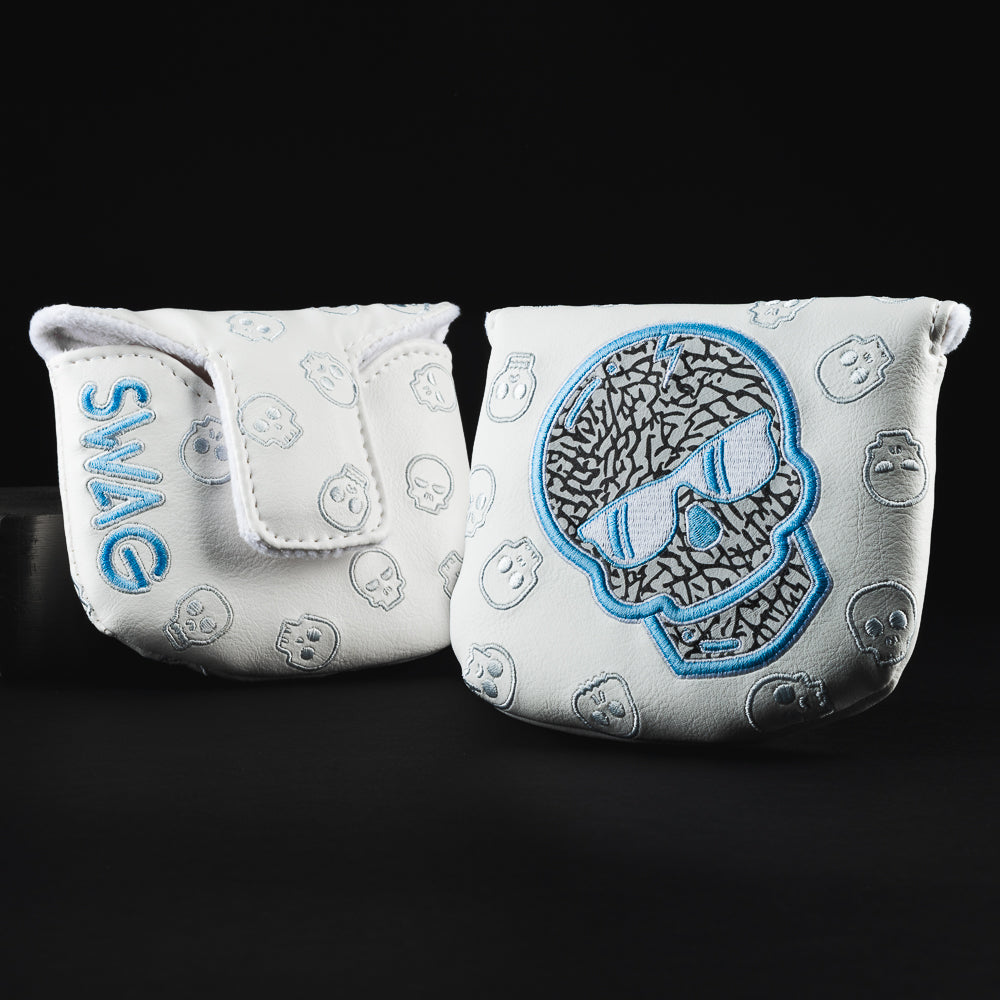 NC Skull white, blue and gray elephant print mallet putter golf club head cover made in the USA.