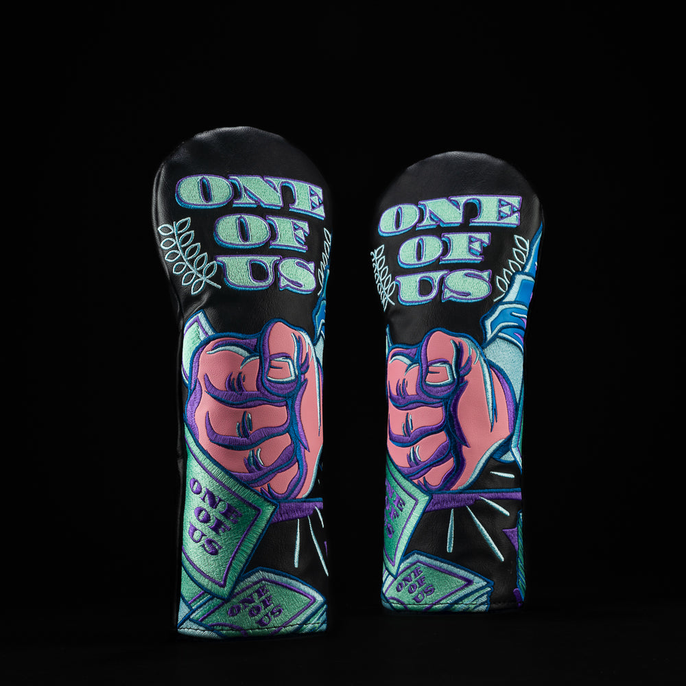 Wolf of Wall Street One of Us fairway cover with neon fist, dollar bills, and bold lettering.