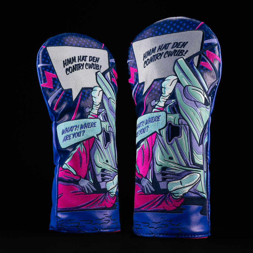 SWAG Golf Wolf of Wall Street driver headcover with neon comic style wreck scene.

