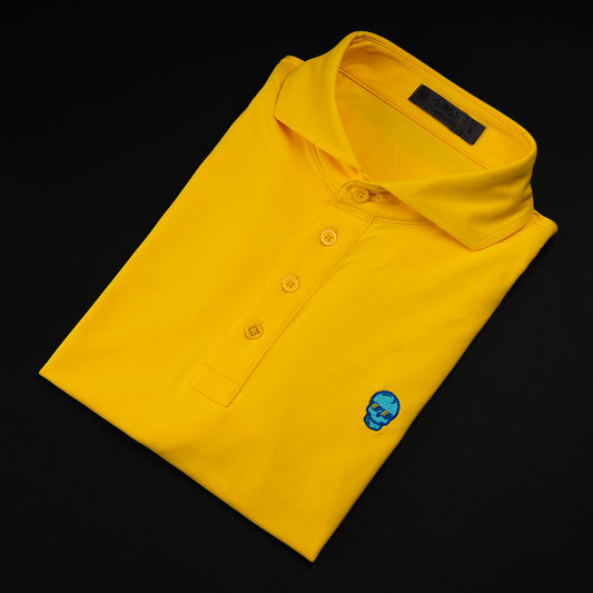 G/Fore x Swag yellow men's short sleeve performance golf polo shirt.