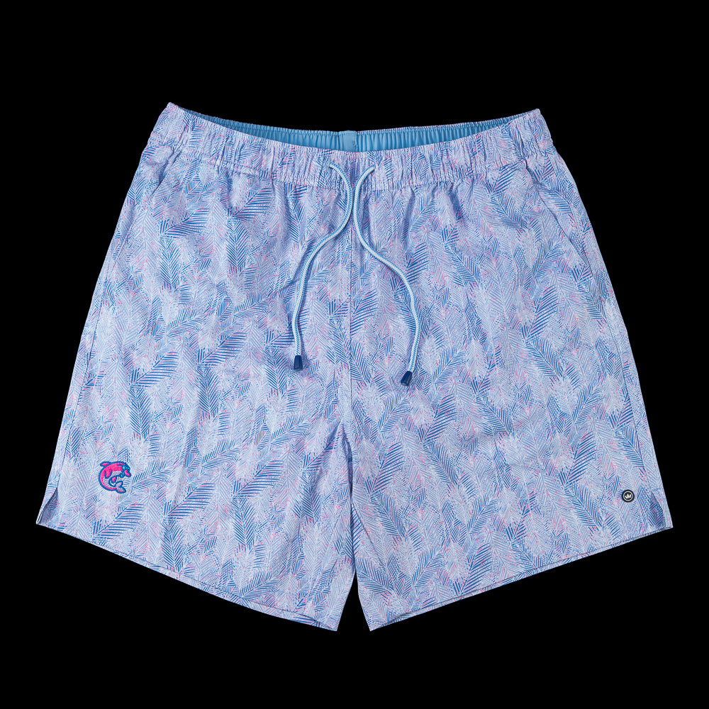 Light blue and pink tropical palm leaf print swim trunks with a matching drawstring waistband, shown flat against a solid black background.