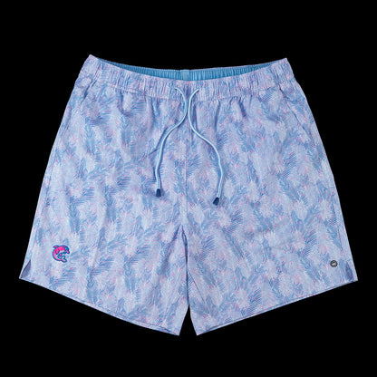 Light blue and pink tropical palm leaf print swim trunks with a matching drawstring waistband, shown flat against a solid black background.
