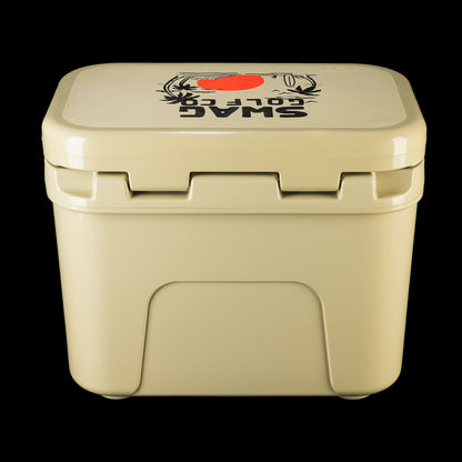 Rear view of the SWAG Golf x YETI tan hard cooler featuring the custom SWAG Golf logo on the lid.