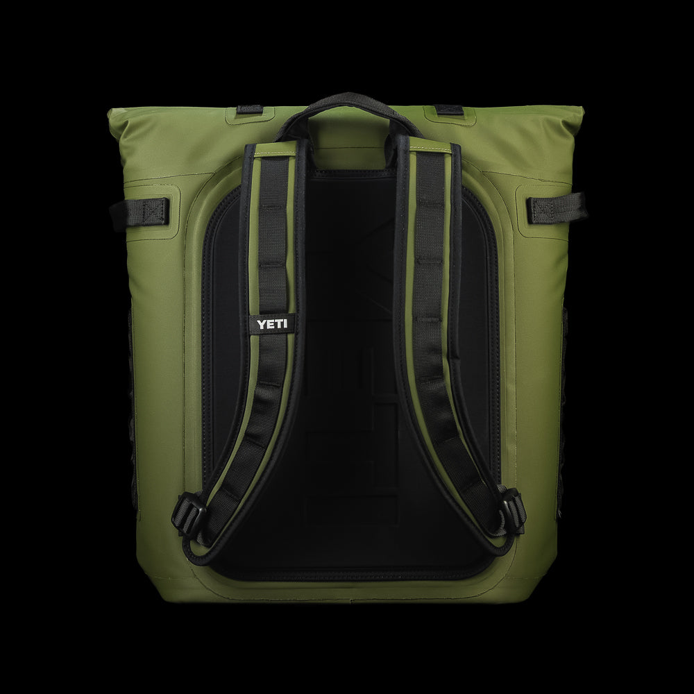 Rear view of the SWAG Golf x YETI Hopper M20 backpack soft cooler featuring padded backpack straps and a breathable back panel.