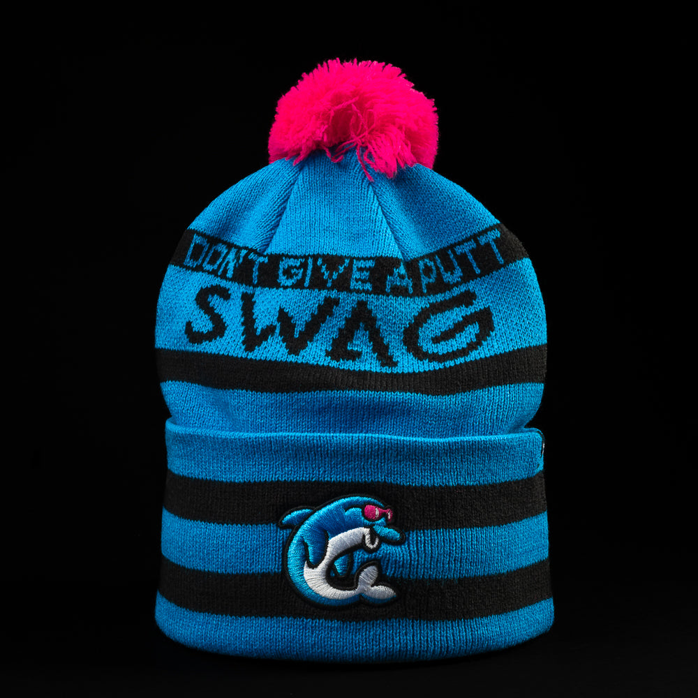 Swag x 47 brands blue, black, and pink flipper cuff knit pom beanie.