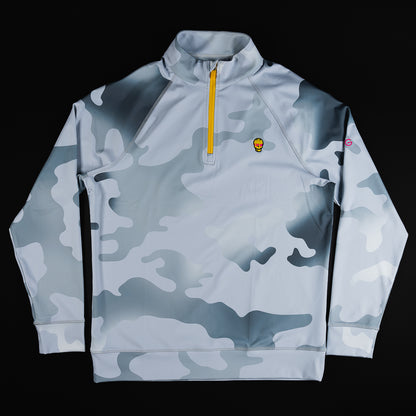 Swag x G/Fore gray camo men's long sleeve golf performance quarter zip.