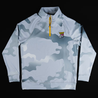 Swag x G/Fore grey camo print men's long sleeve performance golf quarter zip.