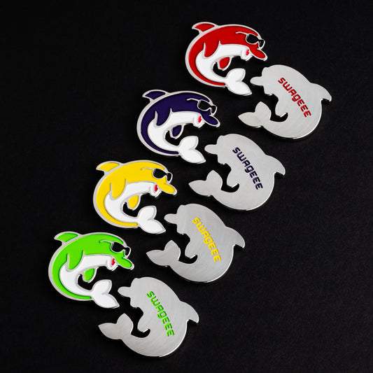 Flipper stainless steel hand-painted dolphin themed golf ball marker accessory.