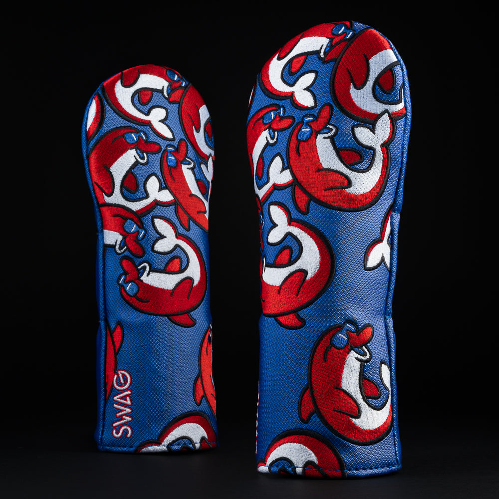 USA falling flipper red, white and blue dolphin themed fairway wood golf head cover made in the USA.