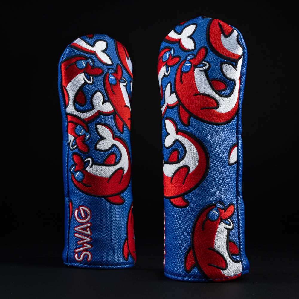 USA falling flipper red, white and blue dolphin themed hybrid wood golf head cover made in the USA.