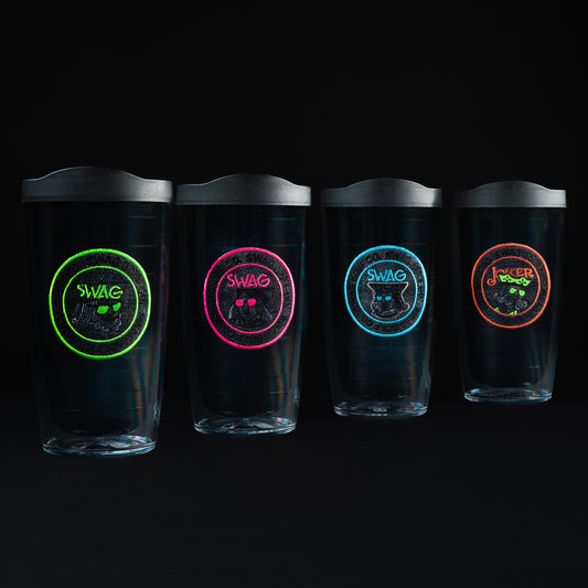 Swag x Tervis set of 4 drink ware tumblers with Swag royal patch details.