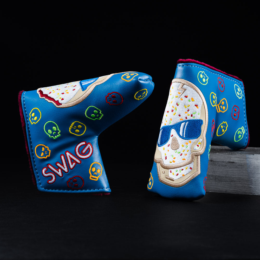 Pop tart themed frosted Swag skull blue blade putter golf club head cover made in the USA.