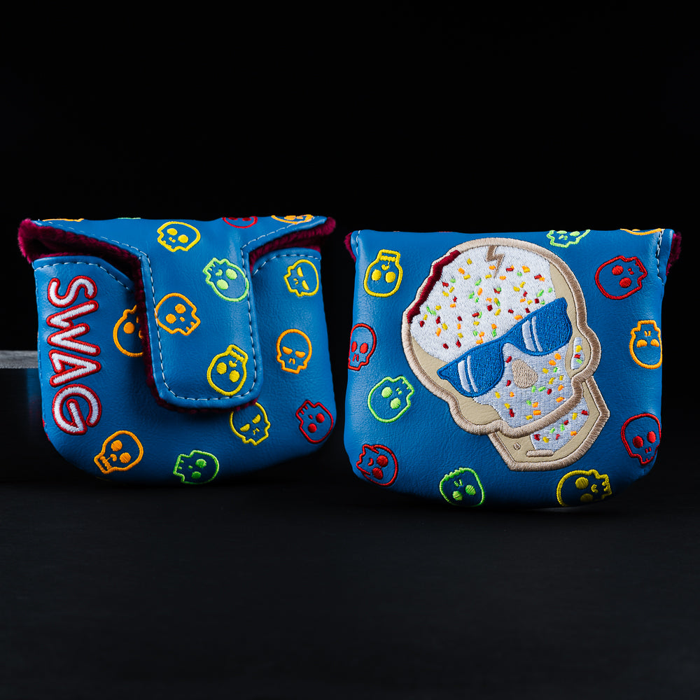 Pop tart themed frosted Swag skull blue mallet putter golf club head cover made in the USA.