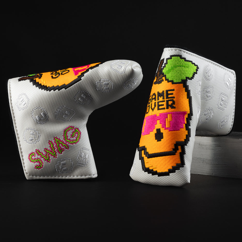 8-bit game over peach skull themed white and orange blade putter golf club head cover made in the USA.