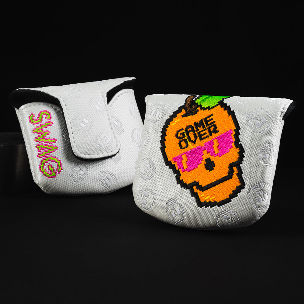 8-bit game over peach skull themed white and orange mallet putter golf club head cover made in the USA.