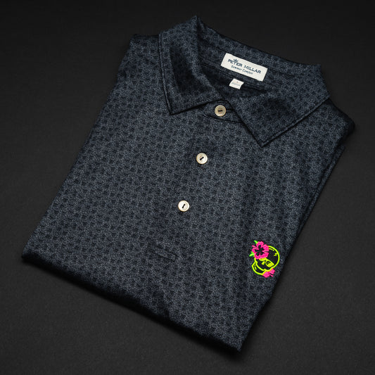 Swag x Peter Millar men's black short sleeve golf polo shirt with hibiscus skull logo on chest.